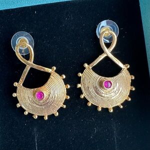 Gold-Tone Women's Earrings with Pink Stone Accent